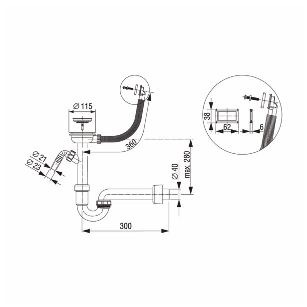 PVC SIFON ZA KORITO LIV 40 MM ENOJNI "S" 115 MM GIBLJIVI KVADRATNI PRELIV