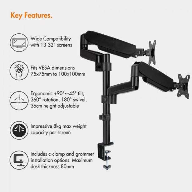 RAČUNALNIŠKI DODATEK VONHAUS NOSILEC ZA MONITOR DVOJNI DO 32" PLINSKI DROG