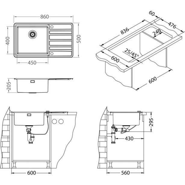 NERJAVNO POMIVALNO KORITO ALVEUS RANDO 50, LEVI 860X500 MM