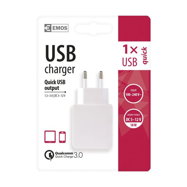 RAZDELILNIK/ADAPTER EMOS USB POLNILEC HIŠNI QUICK QC3.0 1 IZHOD
