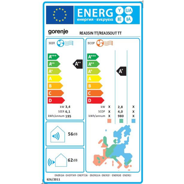 SPLIT ENOJNA INVERTER GORENJE REA 35 TT 3.4KW, NOTR+ZUN ENOTA
