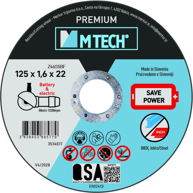 REZALNA PLOŠČA ZA RF MTECH 125X1.6X22 PREMIUM INOX, JEKLO