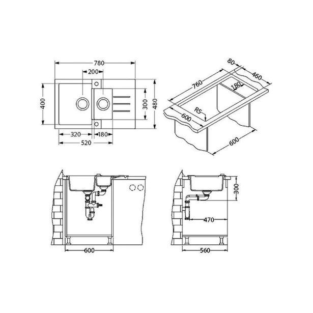 GRANITAL POMIVALNO KORITO ALVEUS ROCK 70, CONCRETE-G81 780X480 MM