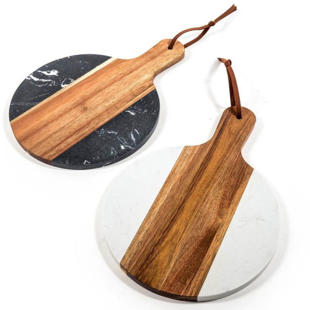 SERVIRNA DESKA 35X25X1.3CM OKROGLA LESENA V KOMB.Z MARMORJEM