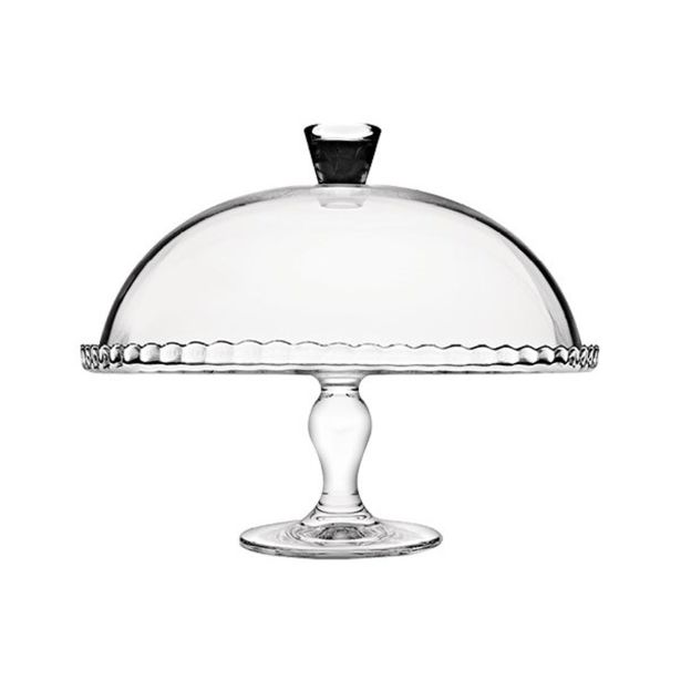SERVIRNI KROŽNIK PASABAHCE 32 CM NA STOJALU S POKROVOM, STEKLEN