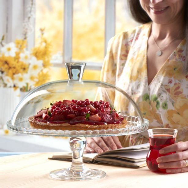 SERVIRNI KROŽNIK PASABAHCE 32 CM NA STOJALU S POKROVOM, STEKLEN