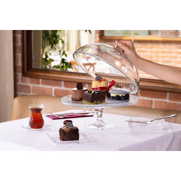 SERVIRNI KROŽNIK PASABAHCE 32 CM NA STOJALU S POKROVOM, STEKLEN