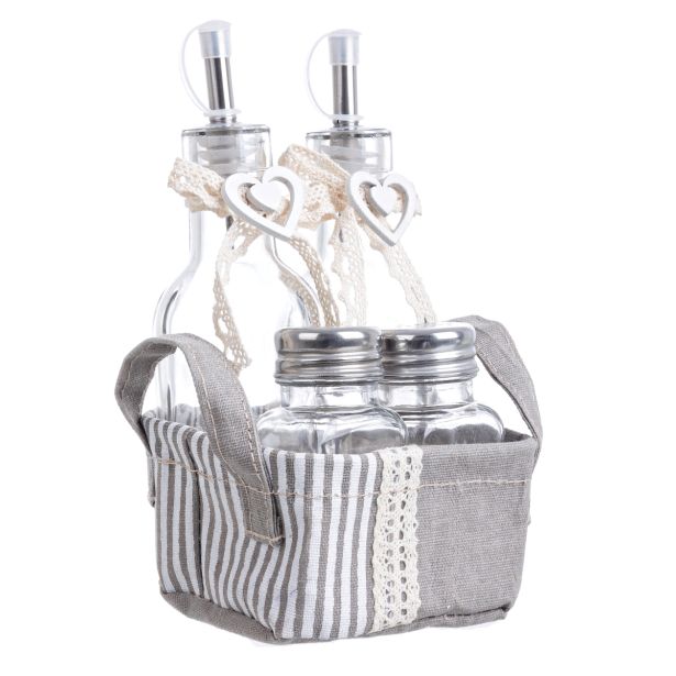 PRIBOR ZA ZAČIMBE BIZZOTTO SET OLJE, KIS, SOL, POPER V BLAGU, SRČKI