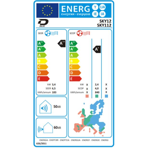 SPLIT ENOJNA INVERTER DILOC SKY 12 3.4KW, NOTR+ZUN ENOTA