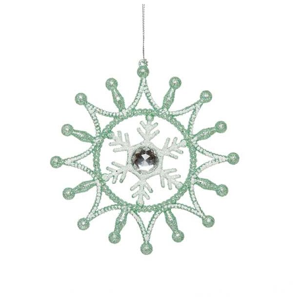 OKRASEK ZA JELKO GLOSSTYLE SNEŽINKA SV. ZELENA 14 CM PREMERA