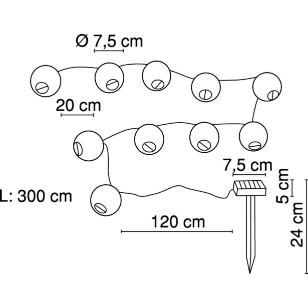 SOLARNA VRTNA SVETILKA GLOBO VERIGA Z LAMPIONI LED 0.06W IP44 6000K 1200 MM