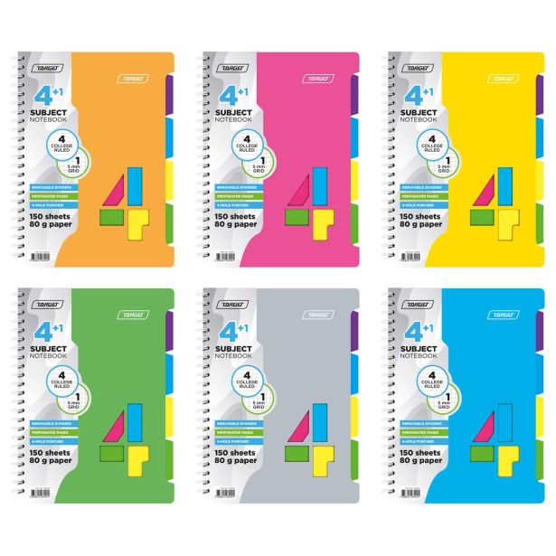 ŠOLSKI ZVEZEK TARGET SPIRALNI A4 4+1 PREDMETOV ČRTE+KARO 28494