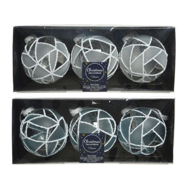 STEKLENA BUNKA DECORIS BELA/MODRA S ČRTAMI 3/1 FI 8 CM SORT