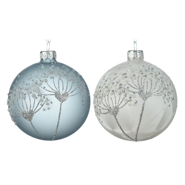 STEKLENA BUNKA DECORIS BELA/MODRA S CVETOM FI 8 CM