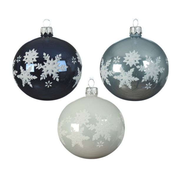 STEKLENA BUNKA DECORIS BELA/MODRA S SNEŽINKAMI FI 8 CM SORT