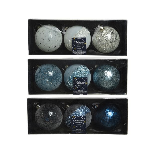 STEKLENA BUNKA DECORIS BELA/MODRA Z BLEŠČICAMI 3/1 FI 8 CM SORT