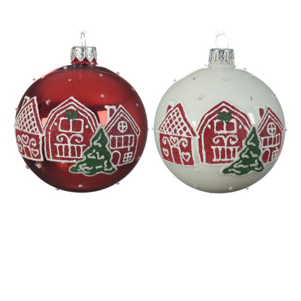 STEKLENA BUNKA DECORIS BELA/RDEČA S HIŠKAMI FI 8 CM SORT