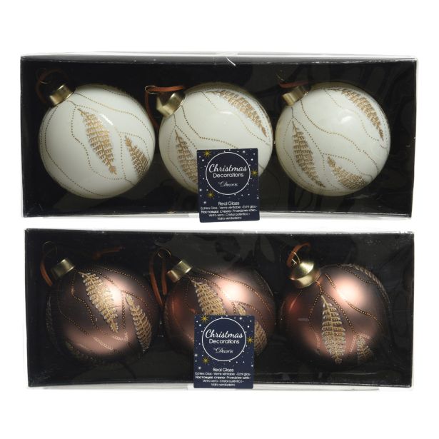 STEKLENA BUNKA DECORIS BELA/RJAVA Z LISTKI 3/1 FI 8 CM SORT