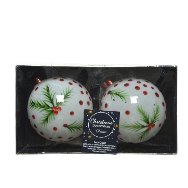 STEKLENA BUNKA DECORIS BELA Z BOŽIČNO VEJICO 2/1 FI 8 CM