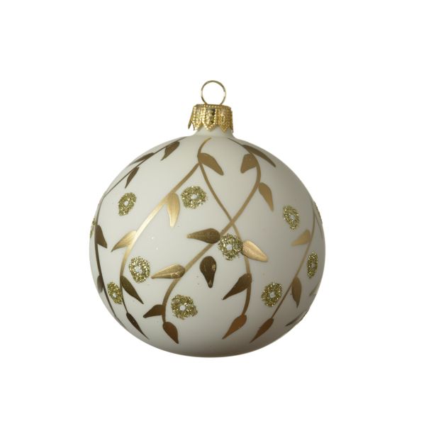 STEKLENA BUNKA DECORIS BELA Z ZLATIMI VEJICAMI FI 8 CM