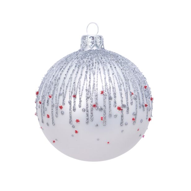 STEKLENA BUNKA DECORIS BELE BARVE SREBRNI POSIP FI 8 CM