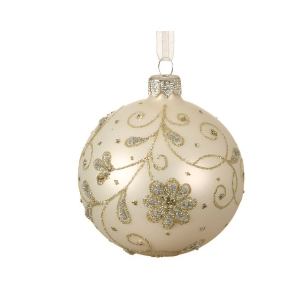 STEKLENA BUNKA DECORIS BELE BARVE Z DEKORJEM FI 8 CM