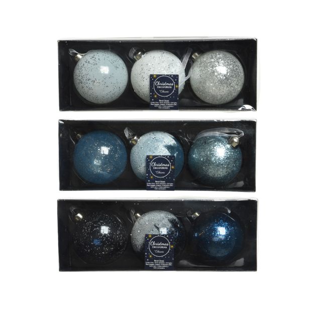 STEKLENA BUNKA DECORIS BELE/MODRE Z BLEŠČICAMI 3/1 FI 8 CM SORT