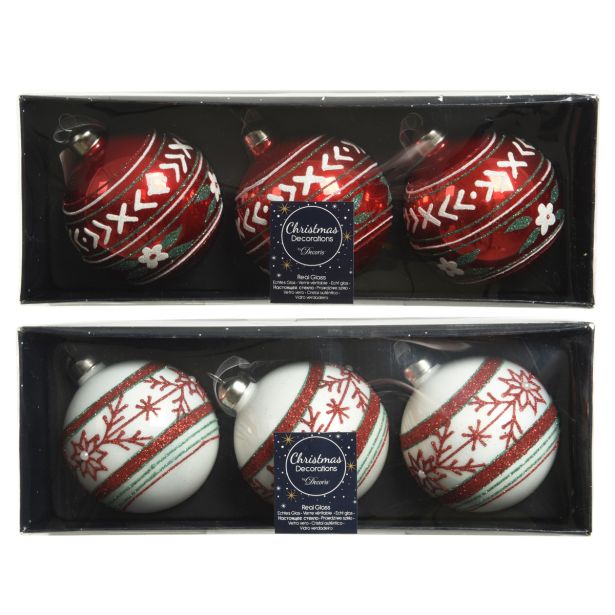 STEKLENA BUNKA DECORIS BELE/RDEČE Z DEKORJEM 3/1 FI 8 CM SORT