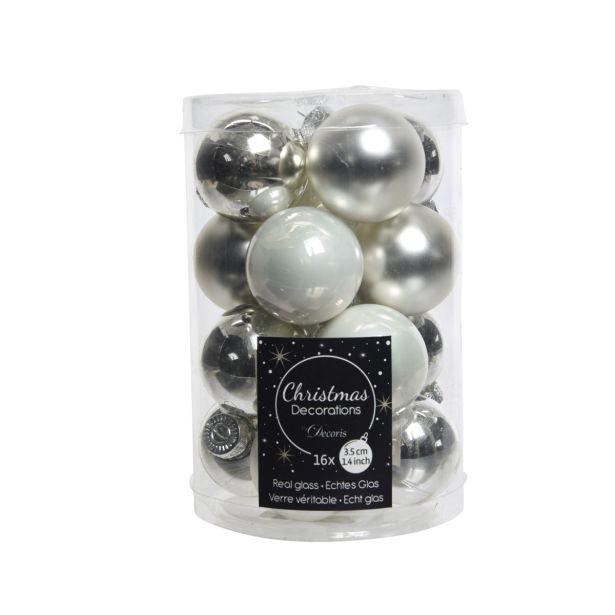 STEKLENA BUNKA DECORIS BELE/SREBRNE MAT/SIJOČE 16/1 FI 3.5 CM