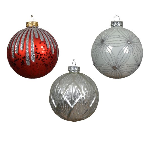 STEKLENA BUNKA DECORIS FI 10 CM, RDEČA/SREBRNA VZOREC, SORTIRANO