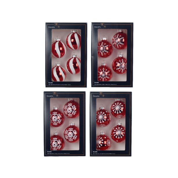 STEKLENA BUNKA DECORIS FI 6 CM, RDEČA/BELA VZOREC, SORTIRANO 4/1