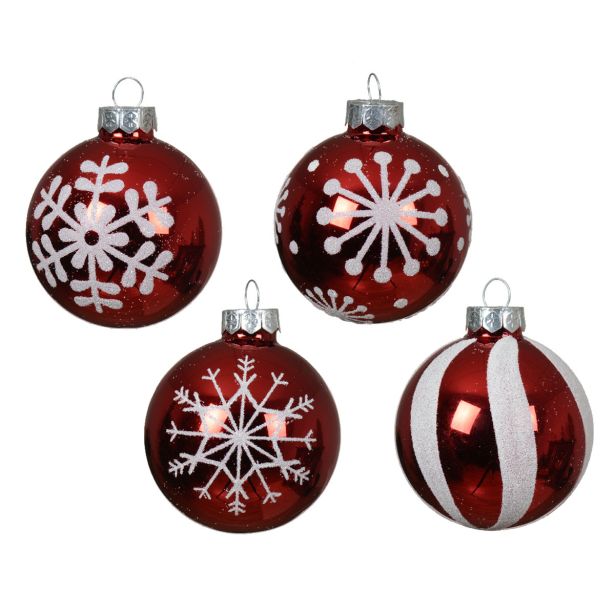 STEKLENA BUNKA DECORIS FI 6 CM, RDEČA/BELA VZOREC, SORTIRANO 4/1