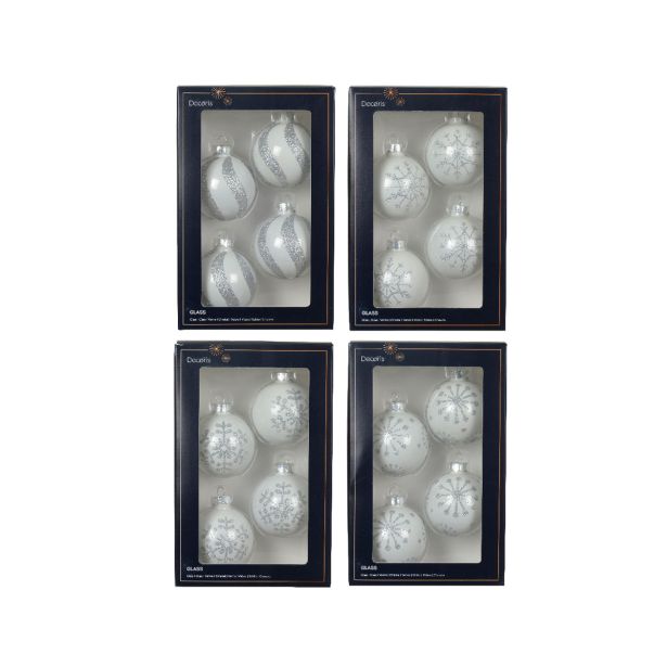 STEKLENA BUNKA DECORIS FI 6 CM, SREBRNA/BELA VZOREC, SORTIRANO 4/1