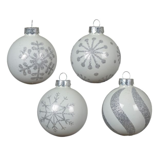 STEKLENA BUNKA DECORIS FI 6 CM, SREBRNA/BELA VZOREC, SORTIRANO 4/1