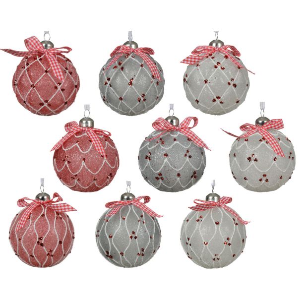 STEKLENA BUNKA DECORIS FI 8 CM RDEČA/BELA/SREB. VZOREC, SORTIRANO