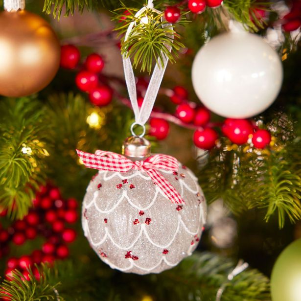 STEKLENA BUNKA DECORIS FI 8 CM RDEČA/BELA/SREB. VZOREC, SORTIRANO