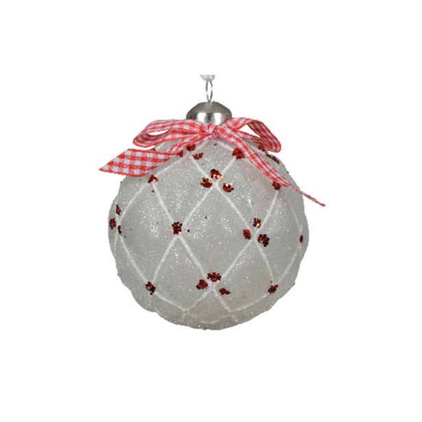 STEKLENA BUNKA DECORIS FI 8 CM RDEČA/BELA/SREB. VZOREC, SORTIRANO