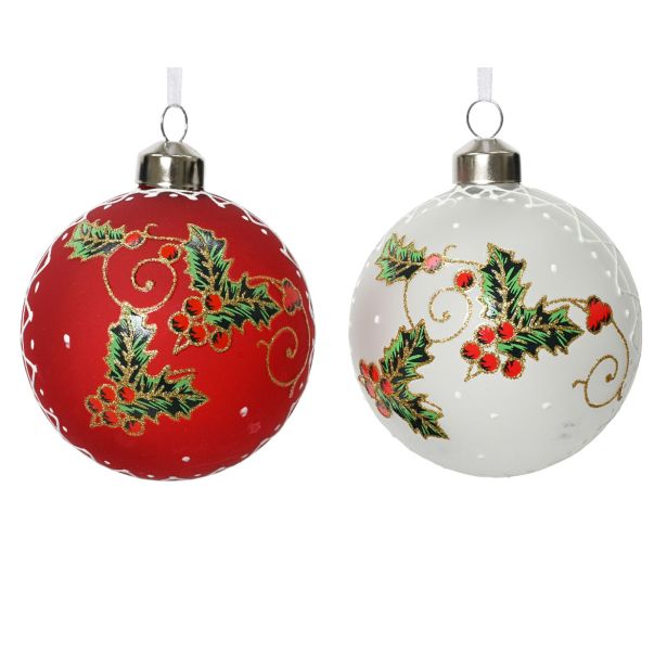 STEKLENA BUNKA DECORIS FI 8 CM, RDEČA/BELA VZOREC, SORTIRANO