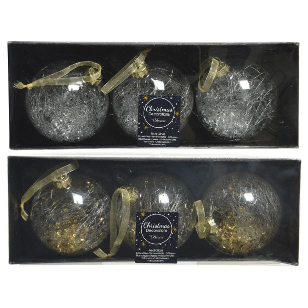 STEKLENA BUNKA DECORIS PROZORNA SREBRNI/ZLATI DEKOR 3/1 FI 8 CM SORT