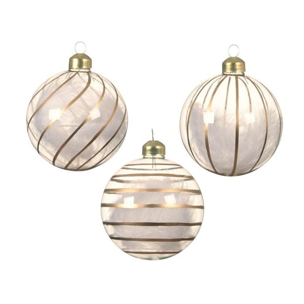 STEKLENA BUNKA DECORIS PROZORNA ZLATI DEKOR IN PERJE FI 8 CM SORT