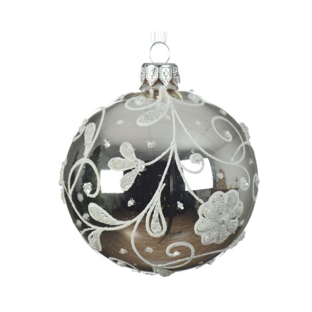 STEKLENA BUNKA DECORIS SREBRNA Z BELIM DEKORJEM FI 8 CM
