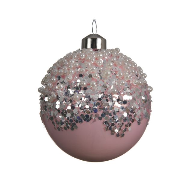 STEKLENA BUNKA V BELI/ROZA BARVI S POSIPOM, PREMER 80 MM