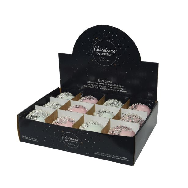 STEKLENA BUNKA V BELI/ROZA BARVI S POSIPOM, PREMER 80 MM