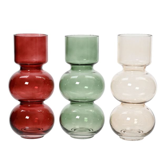 STEKLENA VAZA DECORIS RDEČA/ZELENA/BELA SORT. FI 12 CM. 26.5 CM. SORT