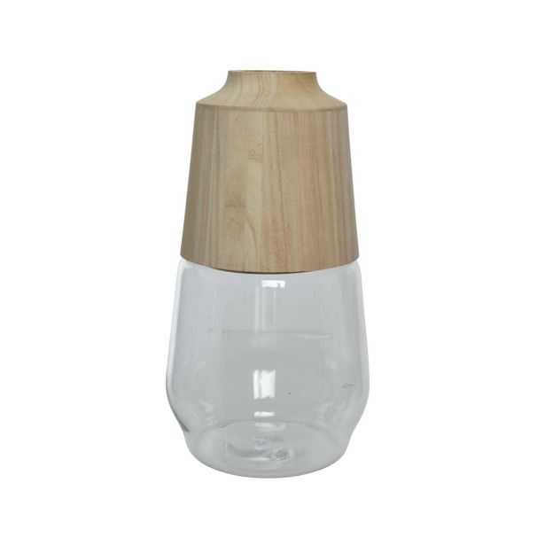 VAZA DECORIS STEKLENA Z LESENIM DELOM V 28.50 CM, FI 16 CM