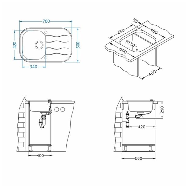 STEKLENO POMIVALNO KORITO ALVEUS WAVE 20, ČRNA 760X500 MM