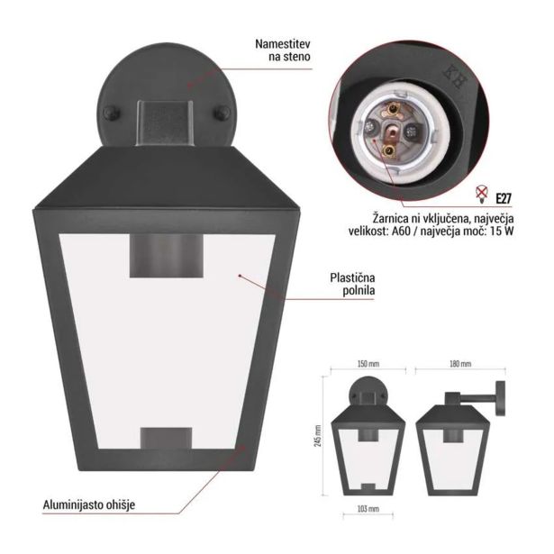 STENSKA VRTNA SVETILKA EMOS ADENIA LED 18X15X24.5 CM 1XE27 15W
