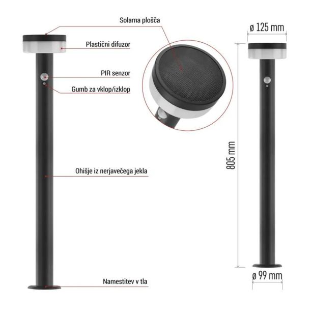STOJEČA VRTNA SVETILKA EMOS TERION S PIR SENZORJEM 12.5 X 12.5 X 80 CM