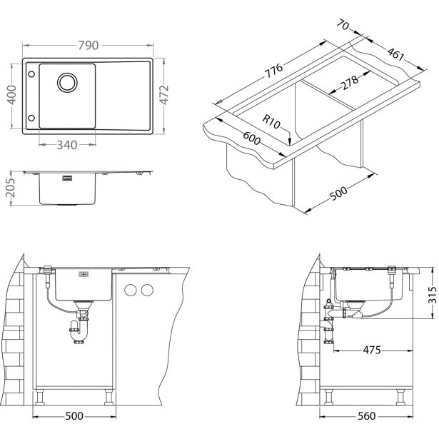 NERJAVNO POMIVALNO KORITO ALVEUS STRICTO 10 790X472 MM, DESNI