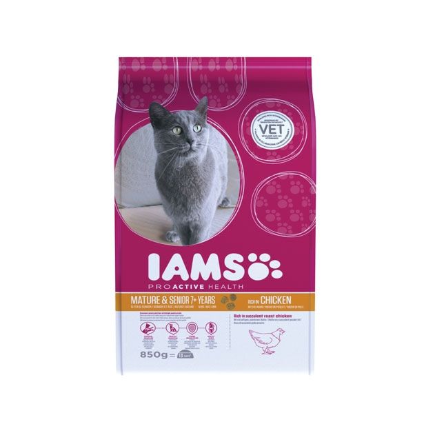 SUHA HRANA ZA MAČKA IAMS BRIKETI, STAREJŠE MAČKE PIŠČANEC, 850G